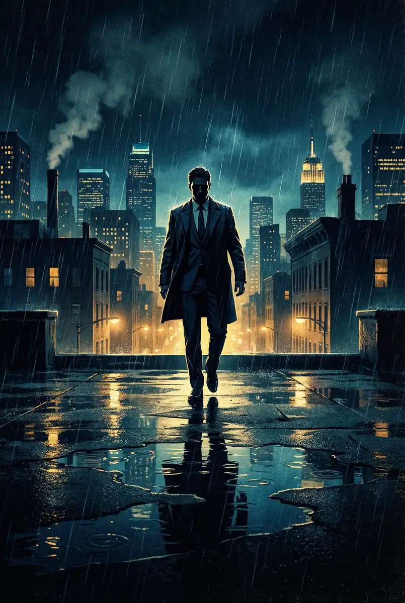 x站入口 出品影片《雨夜独行者》海报，雨中城市屋顶男性剪影